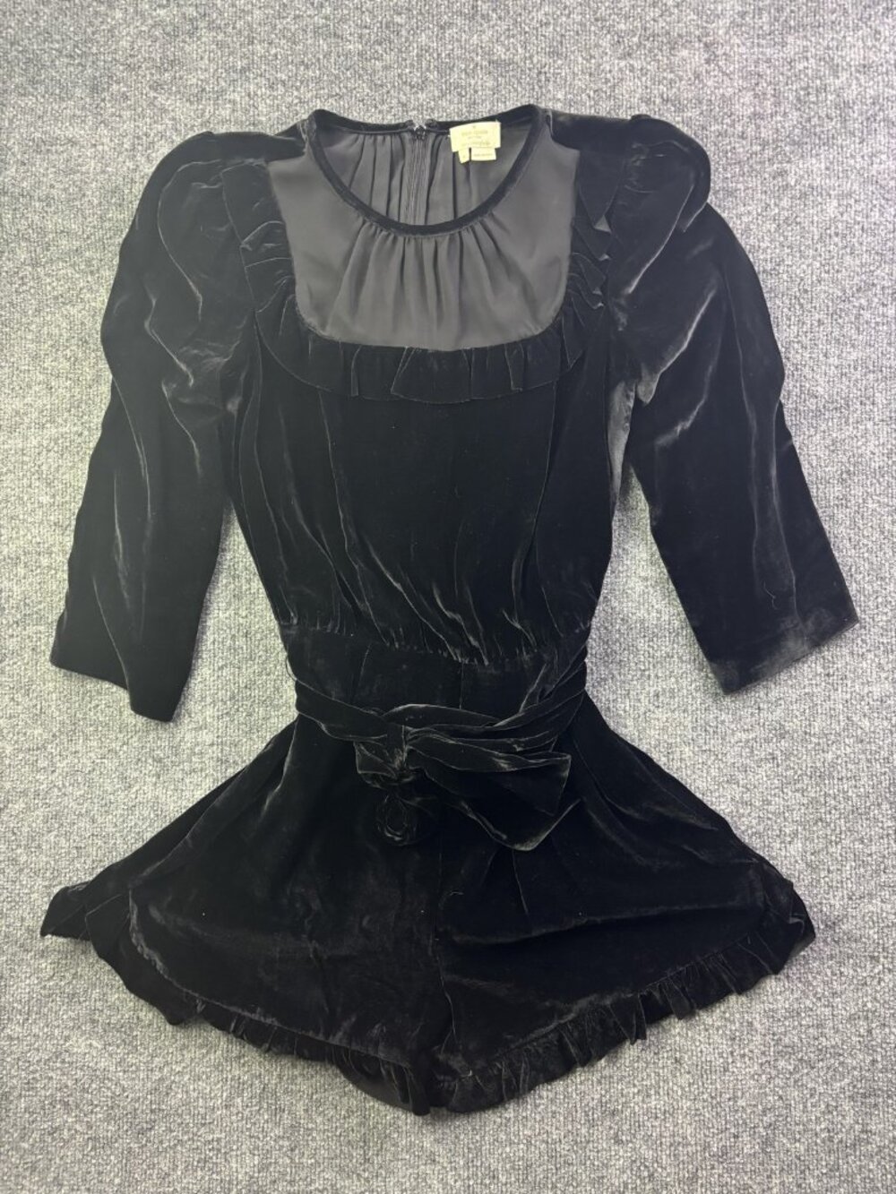Kate Spade New York Romper Womens 4 Black Velvet 3/4 Sleeve Ruffle Belted